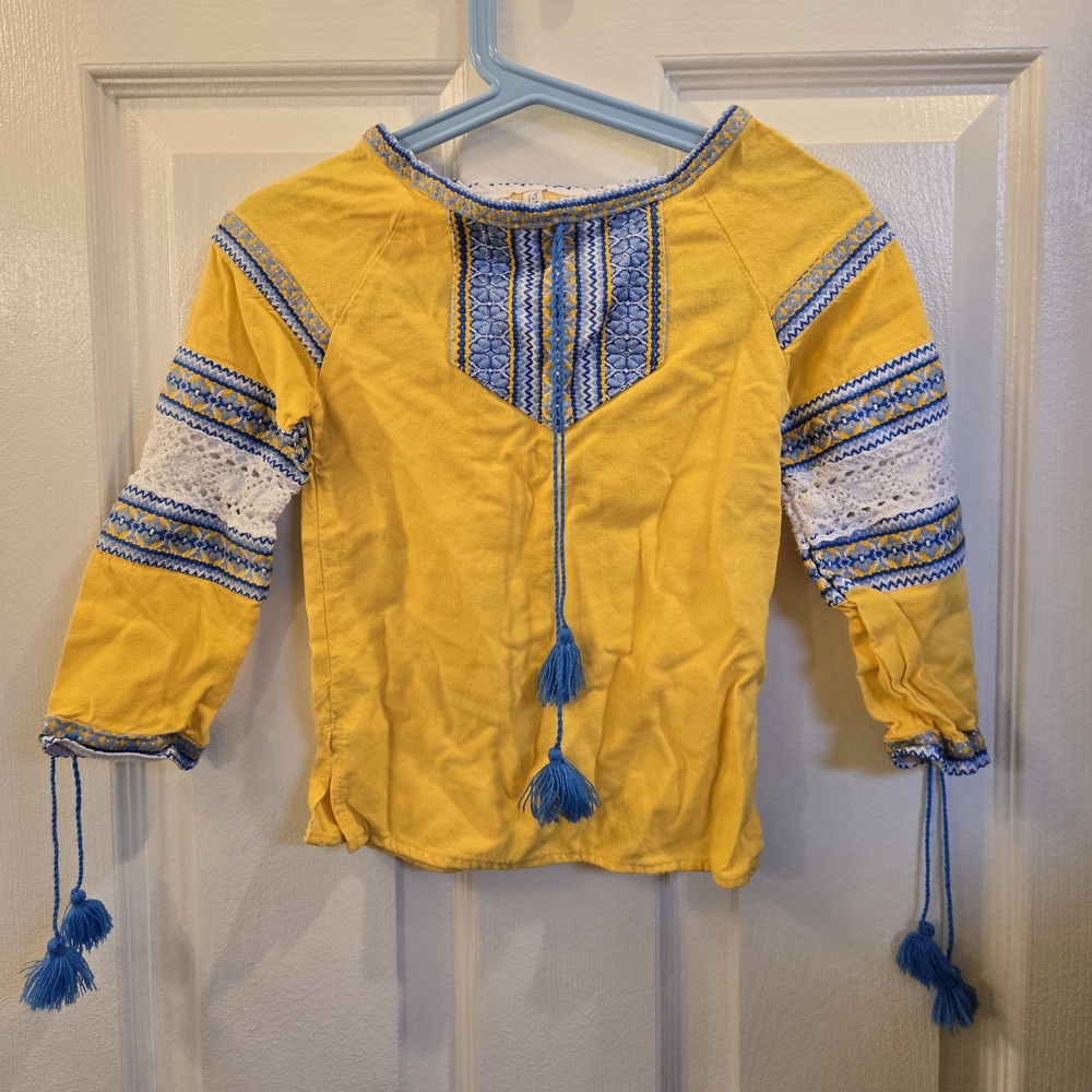 Yellow Boho Embroidered Peasant Top with Blue Tassels